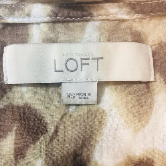 Ann Taylor Loft Tan Brown Animal Print Button Front Top Ruffled Sleeveless Bow - Picture 12 of 16